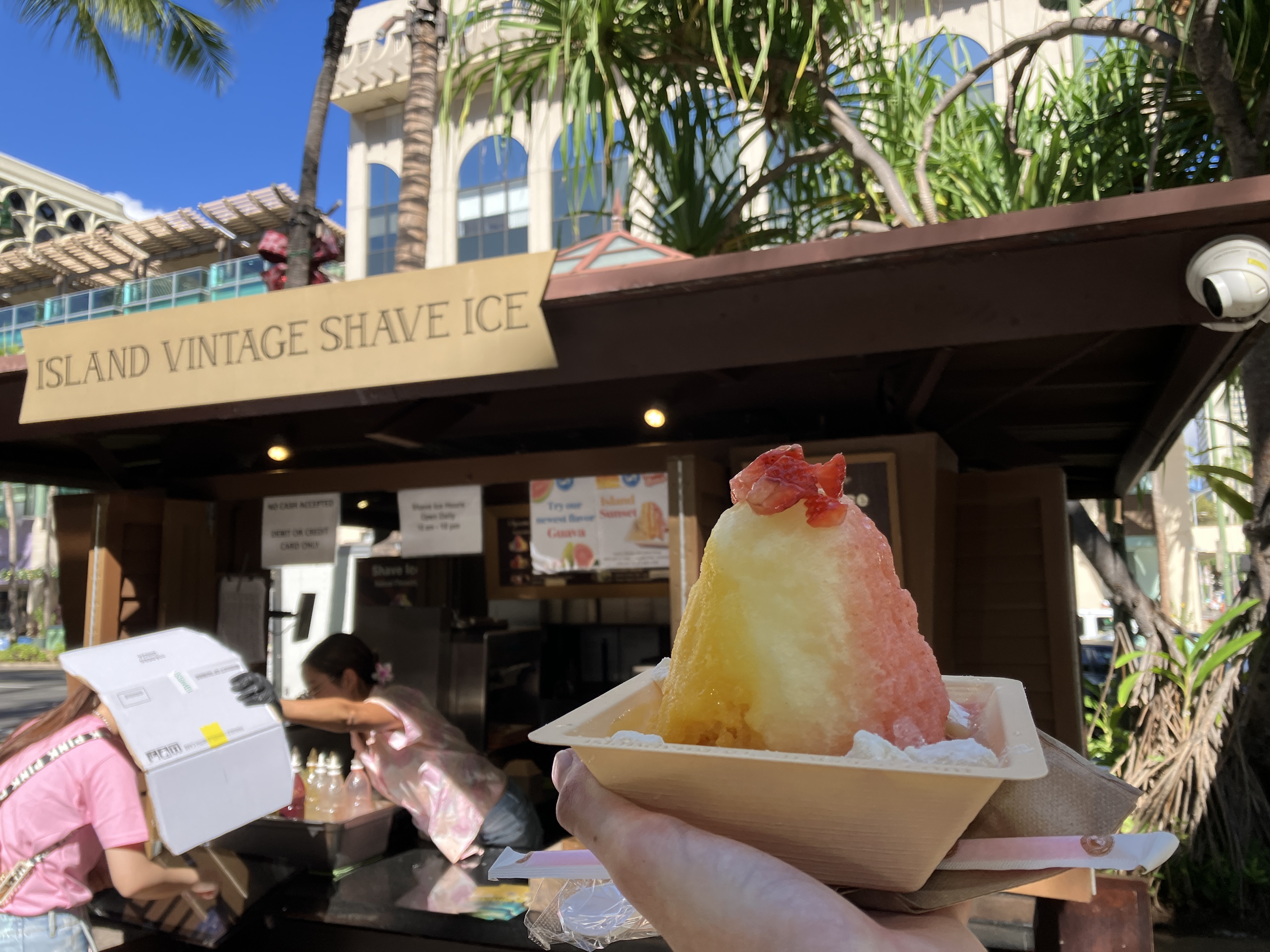 感動のかき氷.注文のタブレットが日差しでとても見づらく,写真左下のように店員さんが段ボールで日陰を作ってくれたのがありがたポイントでした.