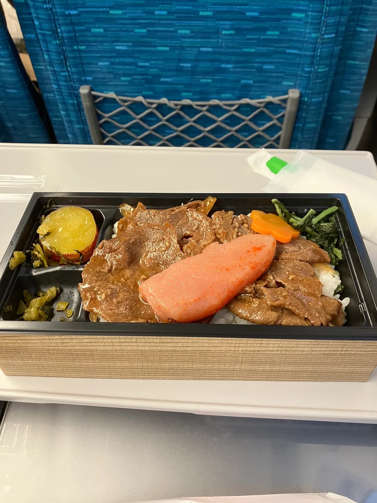 帰りの新幹線は，明太子の駅弁．