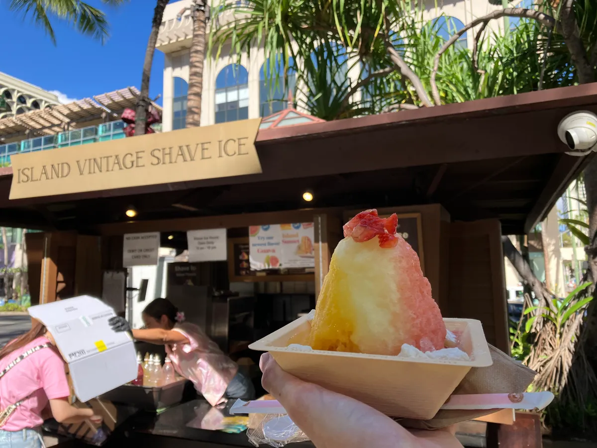 感動のかき氷．注文のタブレットが日差しでとても見づらく，写真左下のように店員さんが段ボールで日陰を作ってくれたのがありがたポイントでした．
